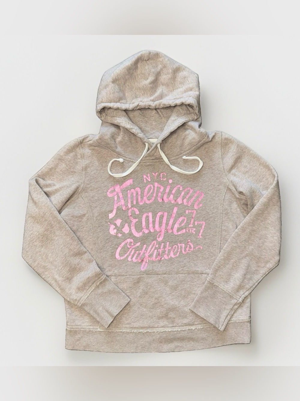 VTG American Eagle Outfitters Hoodie Women’s L Beige Pink Graphic Y2K Pullover
